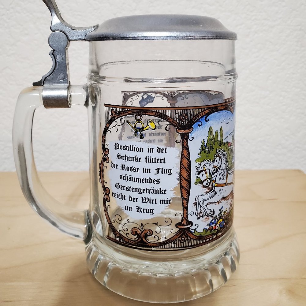 Vintage BMF N German Painted Glass Carriage Beer Stein Lidded Mug with Lyrics